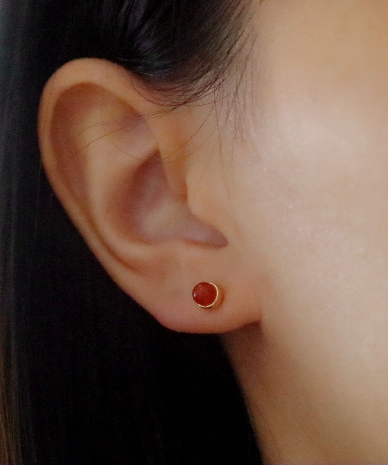 Candy bean stud 18k gold plating with red agate